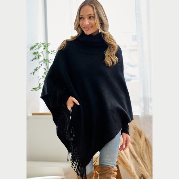 ON BLUE Black Light Weight Cowl Neck Poncho - Picture 10 of 16